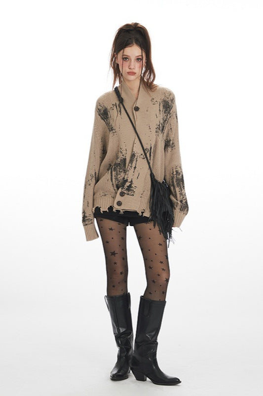 Gothic Tie-Dye Stand Collar Cardigan Sweater