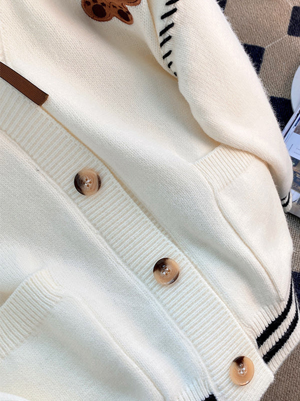 Preppy Bear Embroidery Seam Detail V Neck Knit Cardigan