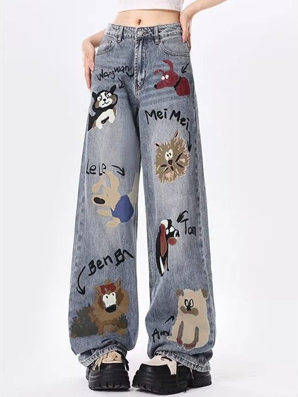 Animal Graffiti Print High Rise Boyrfriend Jeans