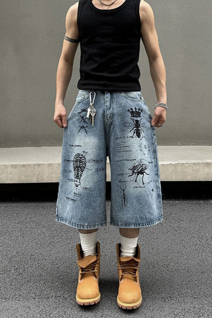 Insect Print Street Denim Shorts