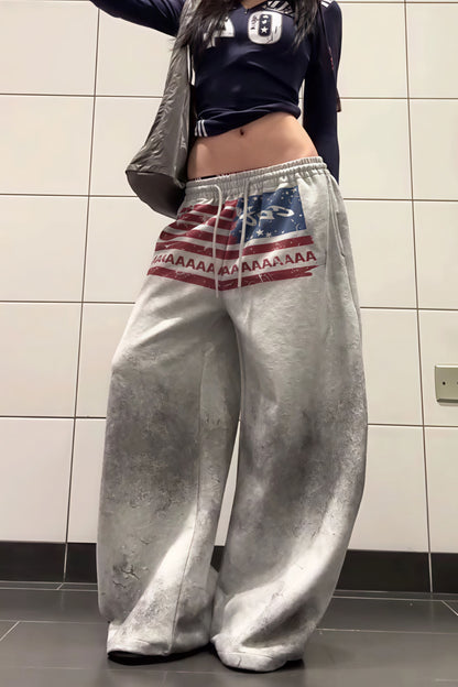 Retro Gray Graphic Drawcord Baggy Sweat Pants