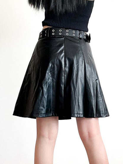 Punk Buckle Detail Asymmetric Pleated Leather Mini Skirt