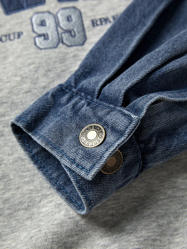 Denim Splice Letter Print Lapel Neck Oversized Hoodie