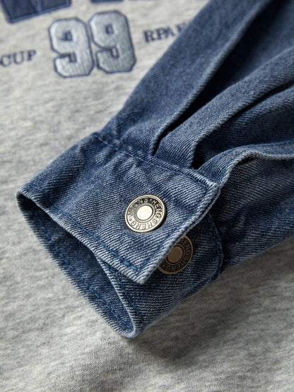 Denim Splice Letter Print Lapel Neck Oversized Hoodie