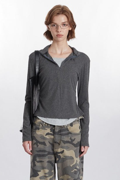 Mock Two-Piece Half-Zip Knit Top