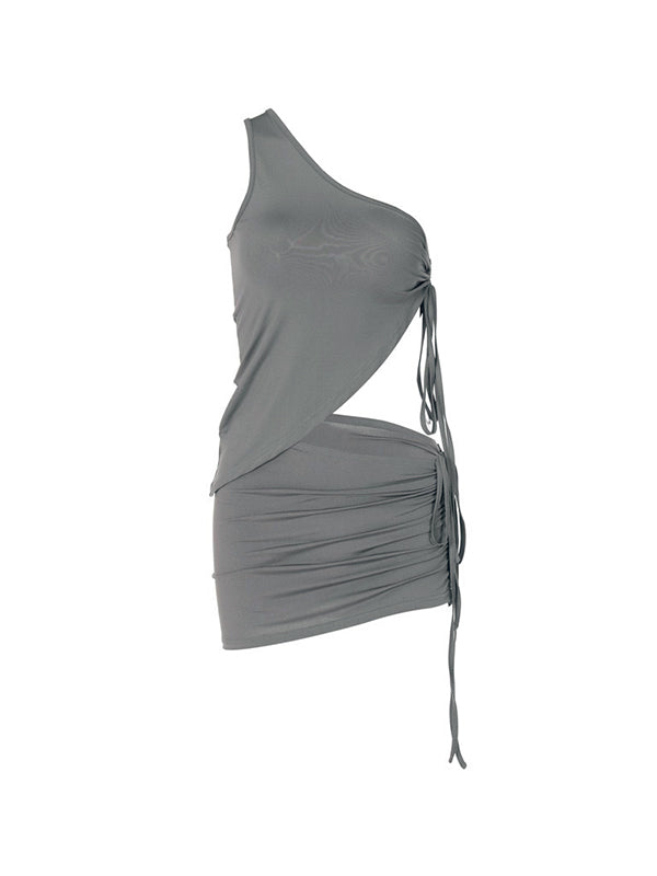 Solid One Shoulder Ruched Drawstring Tank Top & Mini Skirt Set