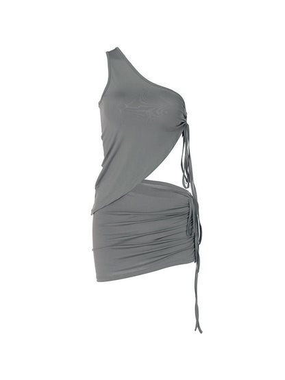 Solid One Shoulder Ruched Drawstring Tank Top & Mini Skirt Set