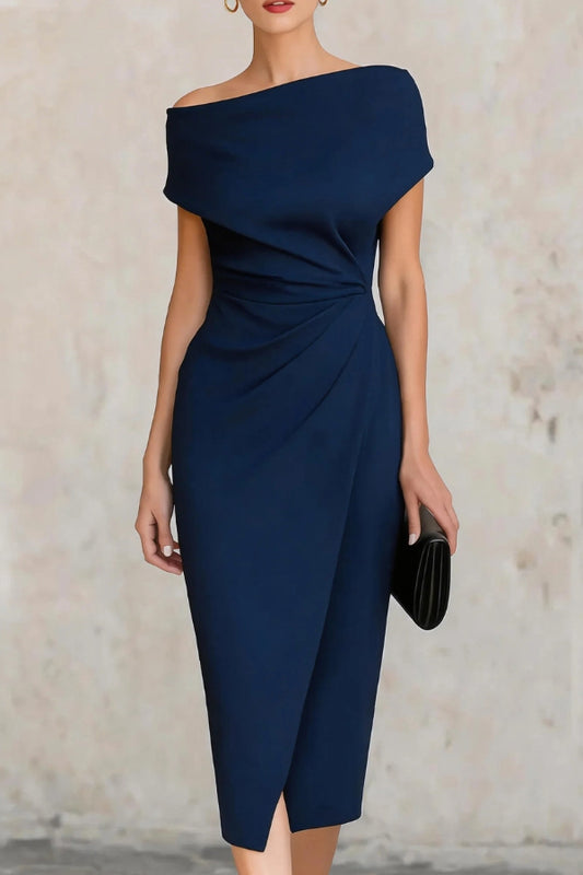 Solid Color Short-sleeved Fitted Waist Pleated Elegant Midi Dress