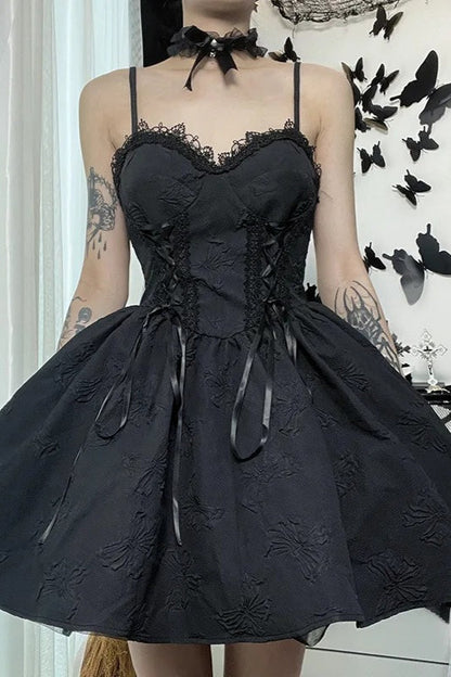 Black Gothic Jacquard Tie Up Lace Trim A-line Mini Dress