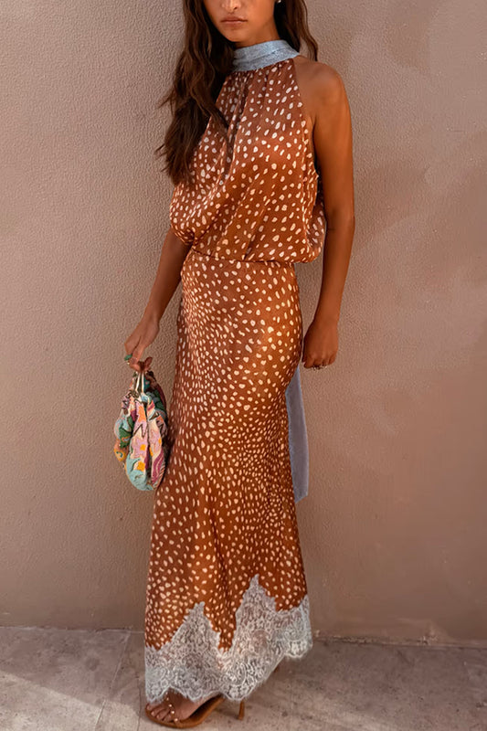 Stunning Fawn Print Contrast Color Satin Lace Trim Mid Rise Maxi Skirt