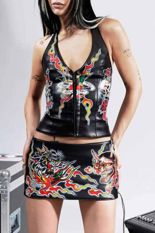 Leather Halter Lace-Up Bodycon Skirt and Tank Top