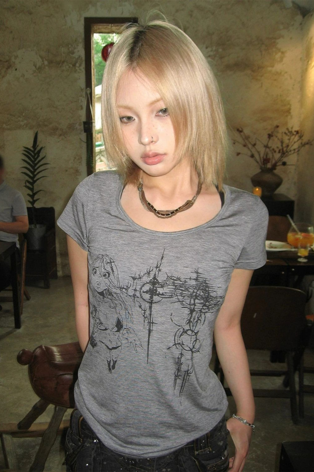 Edgy Y2K Oversized Collar Slim T-shirt