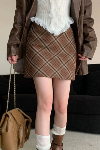 Tweed Plaid Vintage High Waist Fitted Short Skirt