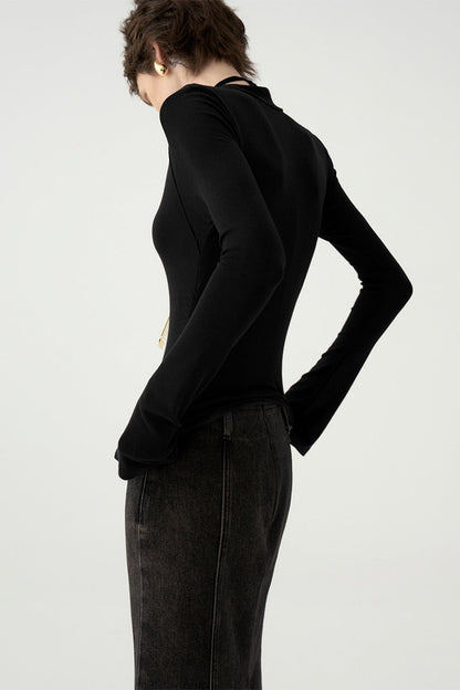 Chic Minimalist V-Neck Fitted Long Sleeve Base Layer
