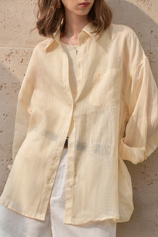 Elegant Sheer Linen Collared Long Sleeve Top