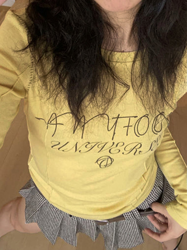 Letter Print Splice Slim Long Sleeve Tee