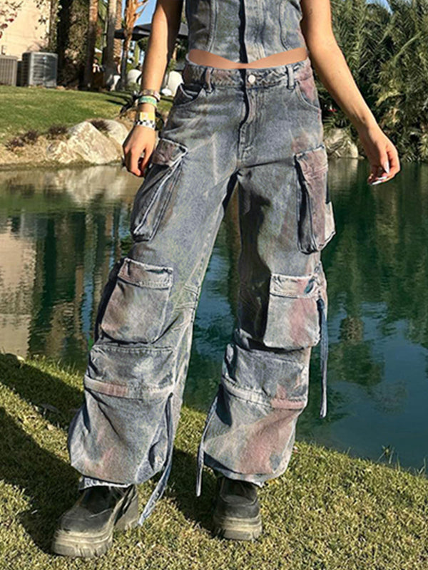 Vintage Tie Dye Multi Pocket Cargo Jeans