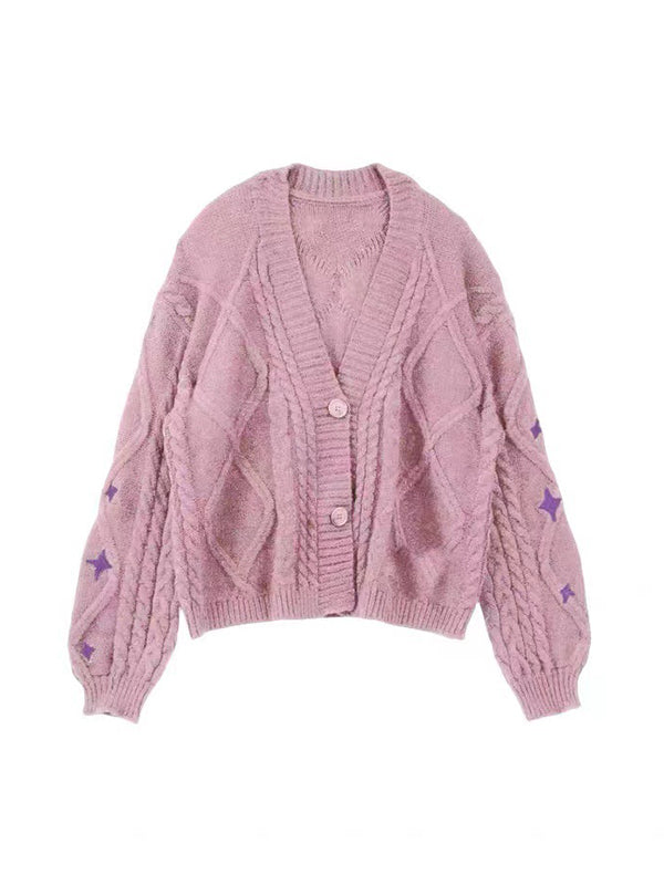 Star Embroidered Print Cable Knit V Neck Cardigan