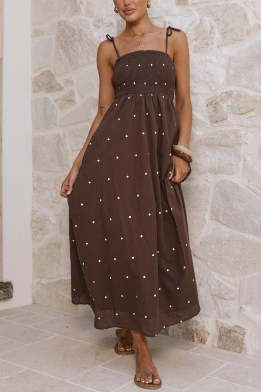Fashionable Polka Dot Print Suspender High-waisted Pleated Casual Maxi Dress