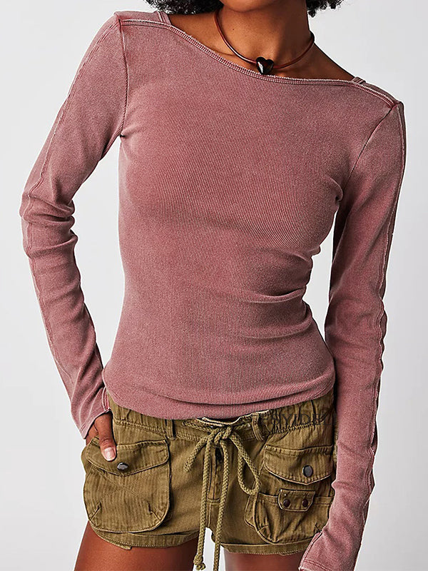Solid Color Rib Backless Long Sleeve Knit