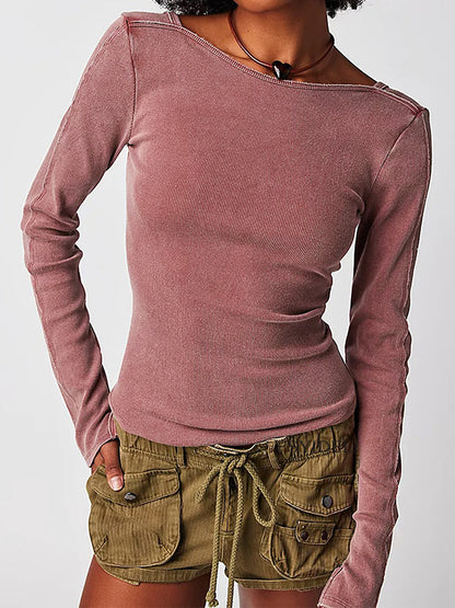 Solid Color Rib Backless Long Sleeve Knit
