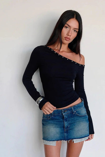 Studded Rhinestone One Shoulder Long Sleeve Top