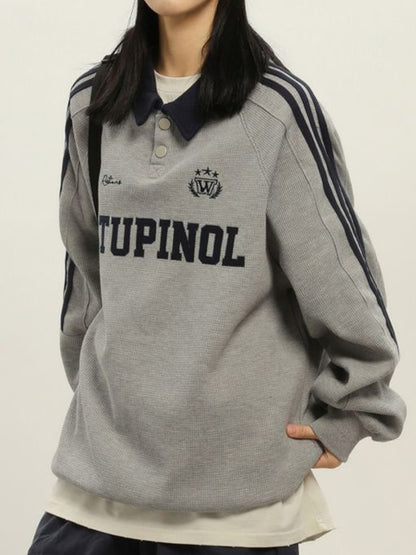 Letter Embroidered Piping Lapel Neck Sweatshirt