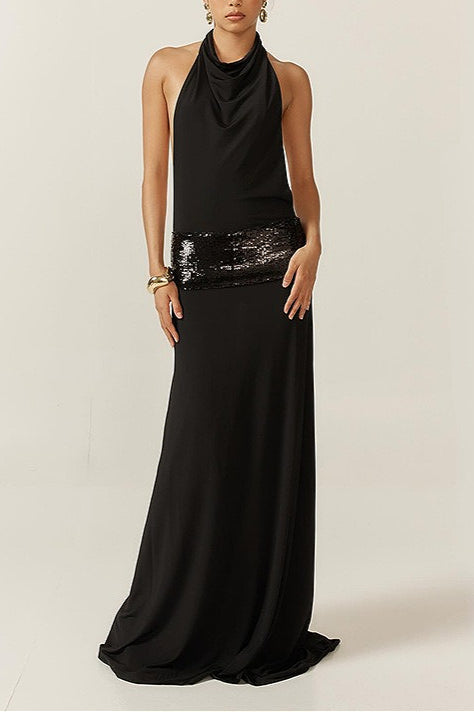 High Waist Dark Halter Backless Maxi Dress