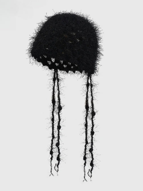 Y2K Hand crocheted Tassel Strap Retro Hollow Knitted Hat