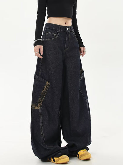 American Retro Leopard Print Stitching Boyfriend Jeans