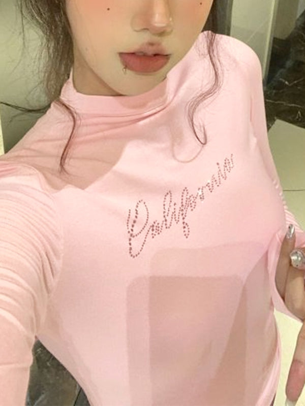 Letter Rhinestone Print Mock Neck Long Sleeve Tee