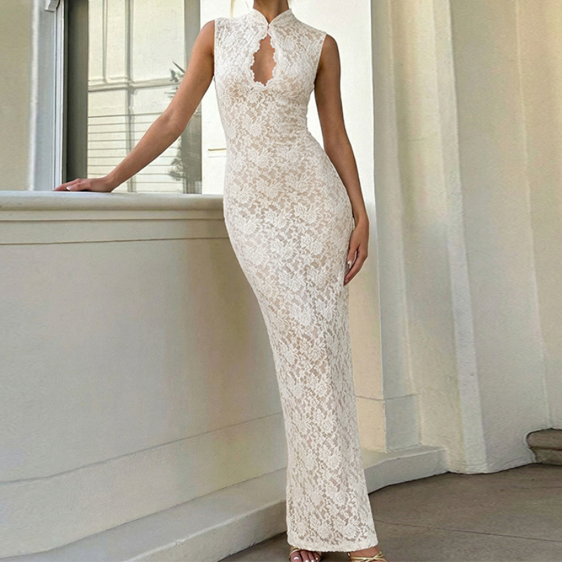 Lace hollow out slit sleeveless zip-up maxi dress  | Festival Outfits Women