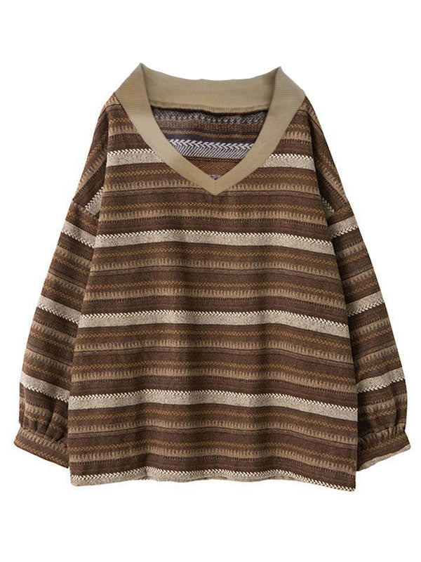 V Neck Striped Knit Sweater
