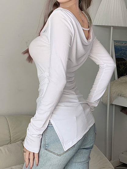 Solid Off Shoulder Irregular Slit Hem Long Sleeve Tee