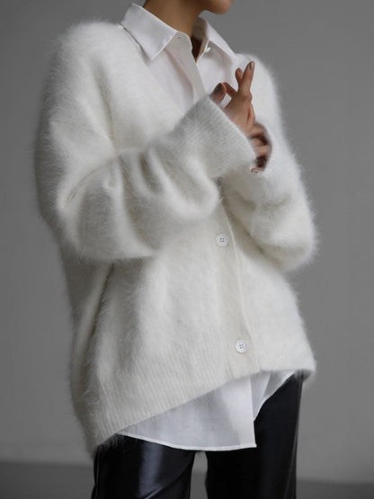 Fuzzy V Neck Loose Cardigan Sweater