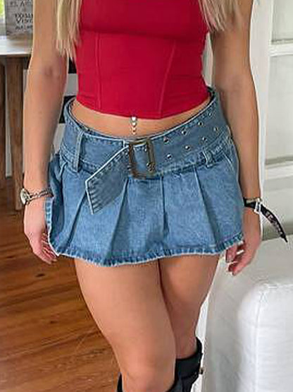 Denim Pleated Low Rise Micro Skort