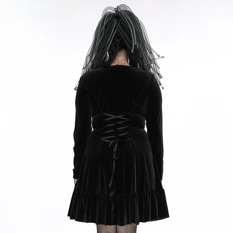 Gothic 3D Chains  Long Sleeve Velvet Drawstring Dress