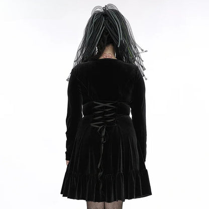 Gothic 3D Chains  Long Sleeve Velvet Drawstring Dress