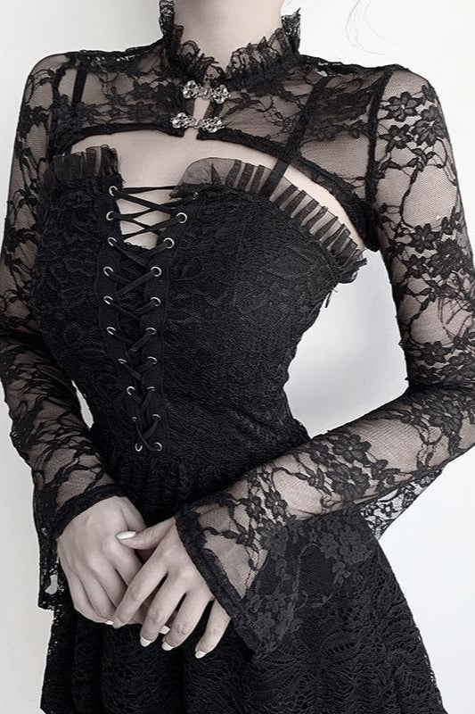 Black Ruffled Bell Sleeve Mesh Top