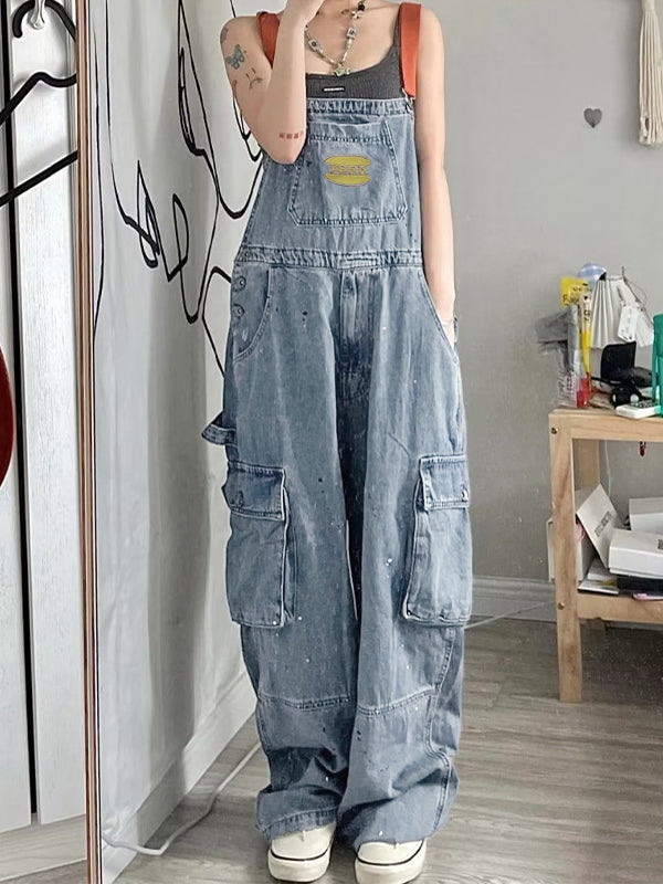 Vintage Big Pocket Splash Ink Print Overalls
