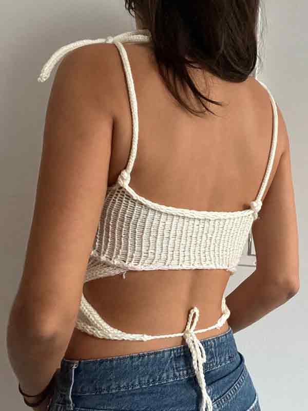 Flower Decor Backless Tie Up Crochet Cami Top