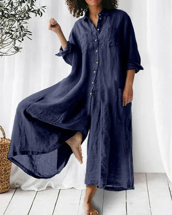 Women’s Casual V-neck Long Sleeve Linen Jumpsuit with Buttons | Ideal for Spring/Summer