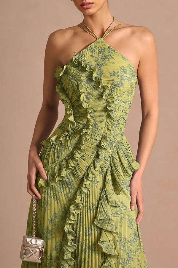 Dream Ode Lily Pad Style Pleats and Ruffles Halter Gown Maxi Dress
