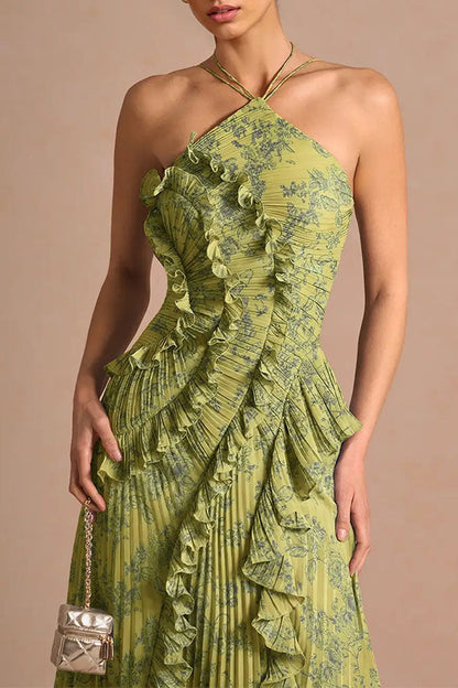 Dream Ode Lily Pad Style Pleats and Ruffles Halter Gown Maxi Dress