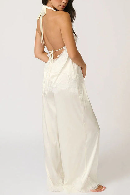 Elegant Morning Satin Lace Trim Halter Tie-up Tank and Elastic Waist Loose Pants Set