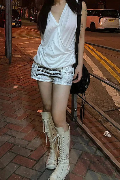 High Waist Patchwork Denim Shorts