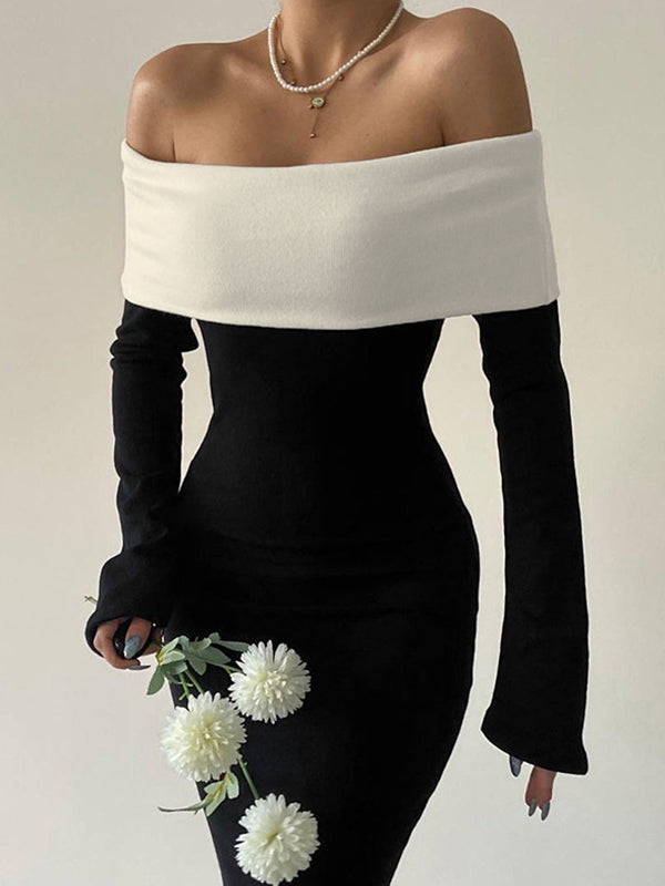 Contrast Color Trim Off Shoulder Long Sleeve Maxi Dress