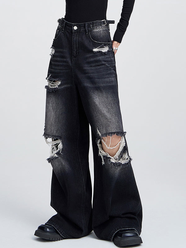 Loose high-waisted versatile straight leg Ripped Jeans