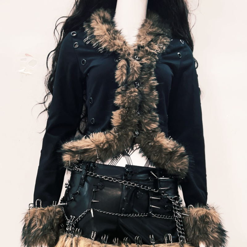 Fluffy long sleeve skull applique hollow out cut out top  | Festival Outfits Women
