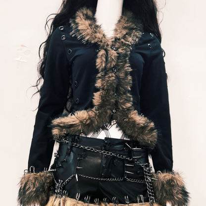 Fluffy long sleeve skull applique hollow out cut out top  | Festival Outfits Women
